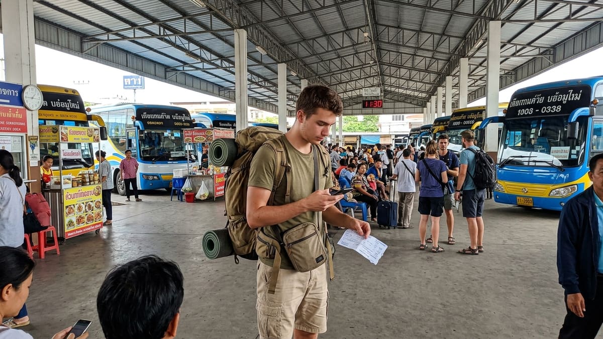 ALT FR — Jeune backpacker français vérifiant un billet de bus en Thaïlande