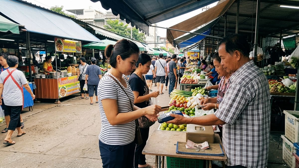 Femme utilisant une carte bancaire pour payer dans un marché thaïlandais animé, Bahts visibles