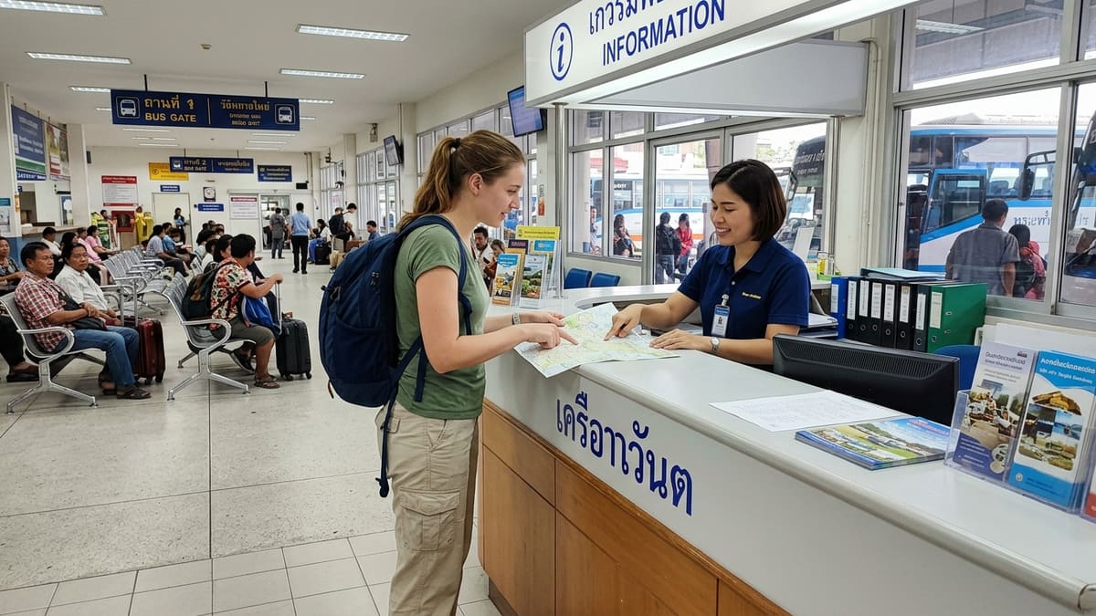 Femme stressée devant un bus en Thaïlande, cherchant ses bagages perdus ou volés