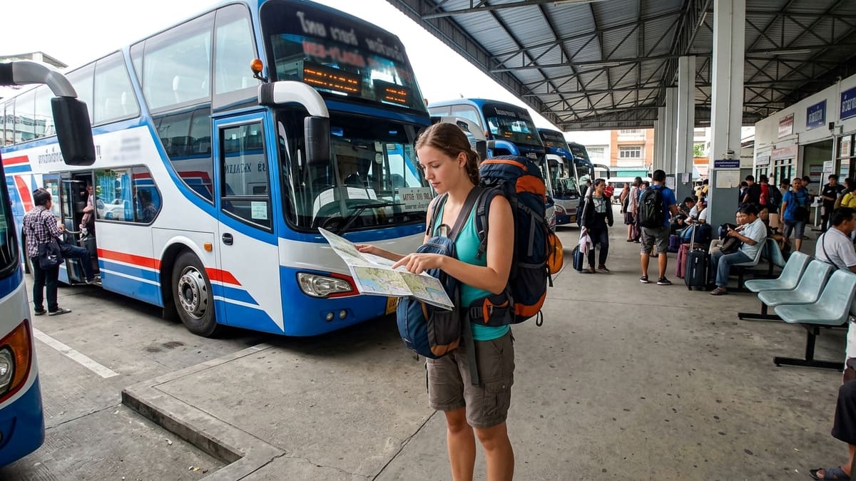 Budget voyage en bus en Thaïlande : backpacker avec carte et sac à dos
