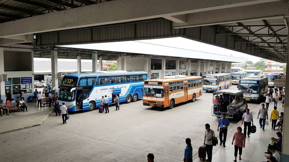 Différents types de bus en Thaïlande rangés sur un terminal
